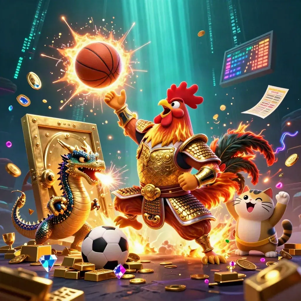 Rooster warrior, dragon hatchling, and fortune cat amid a vault blast, sports balls, and neon casino glow.