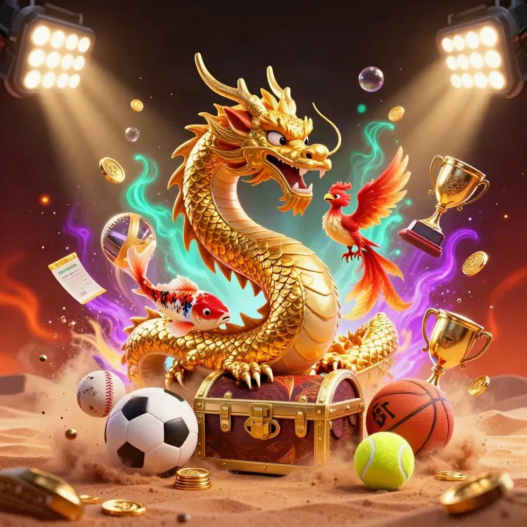 Golden dragon, phoenix, koi, flying sports balls, trophy, coins, and neon casino lights.