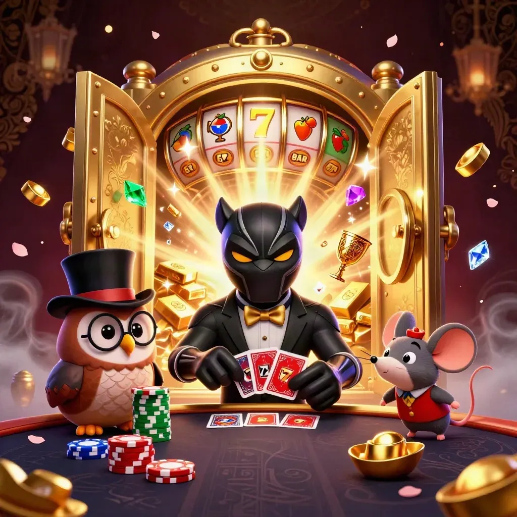 Panther, owl, and mouse amid a vault blast of gold, gems, runes, petals, and neon glow.
