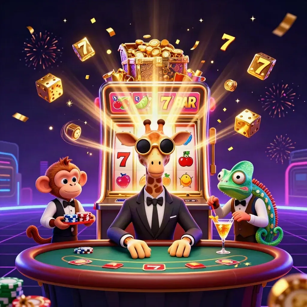 Giraffe, monkey, and chameleon beside a bursting slot machine with gold and neon effects.