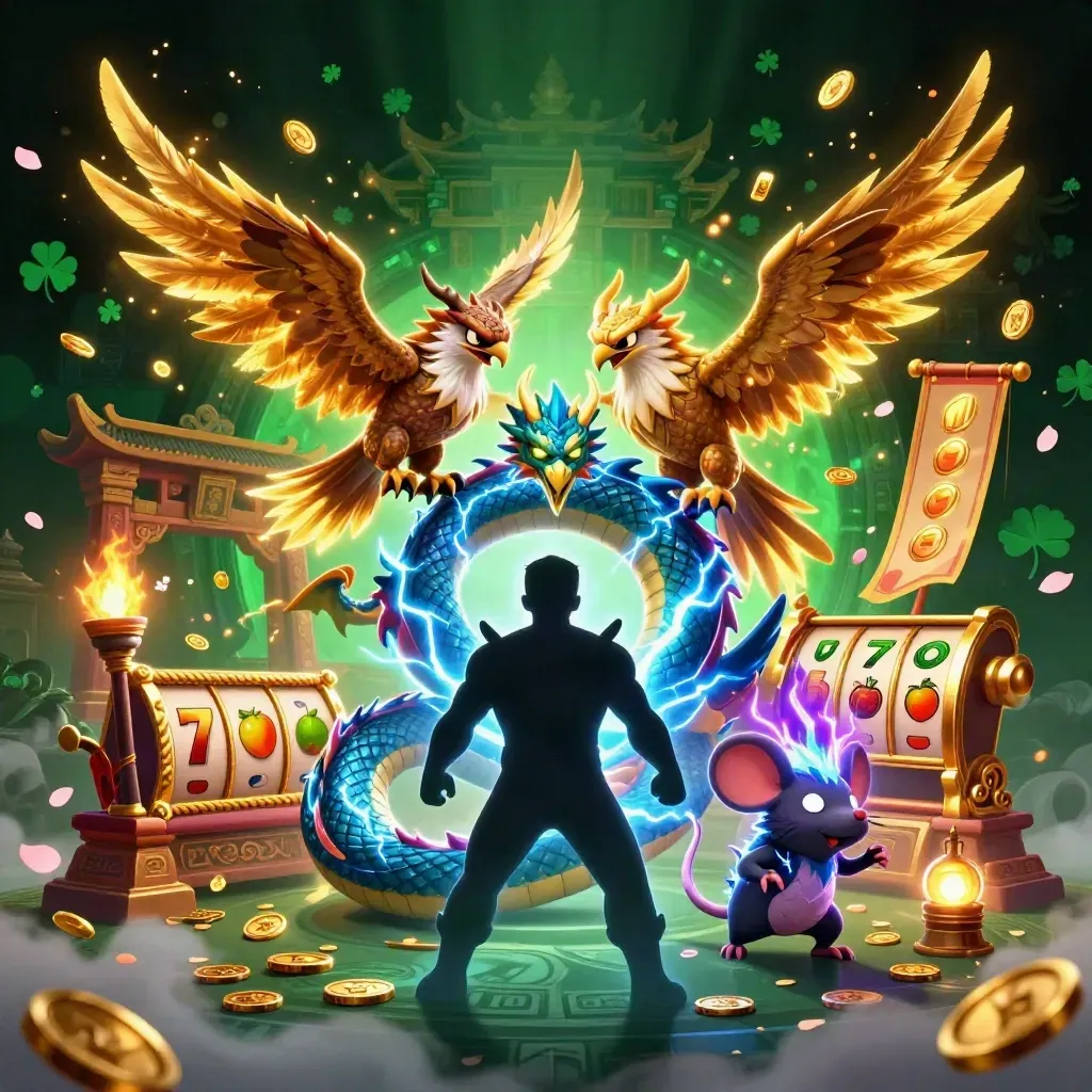 Thunder dragon, glowing hawk, and static mouse amid casino gold, temple gate, and lightning
